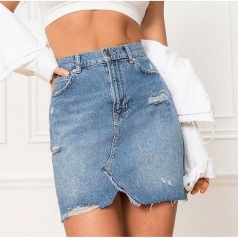 Free People Boho Distressed Hallie Denim Skirt Size 30/10